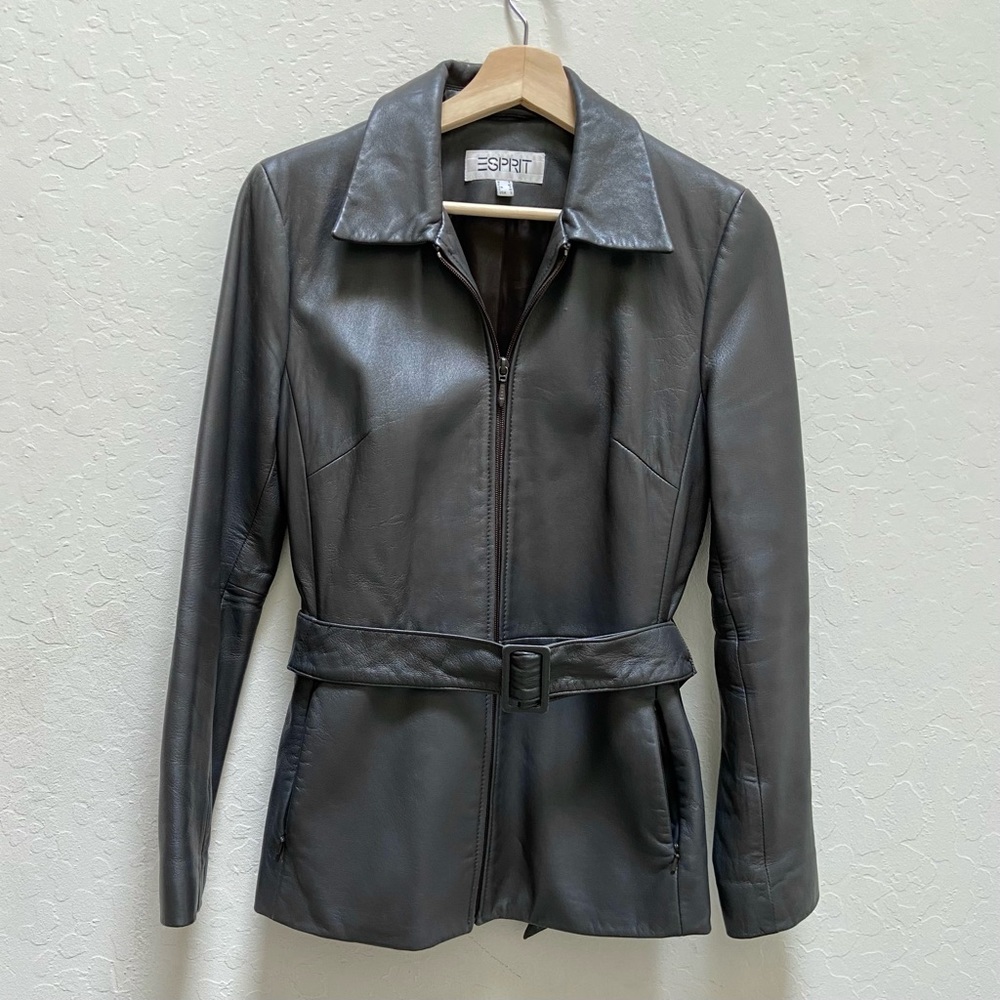 Esprit gray belted leather jacket